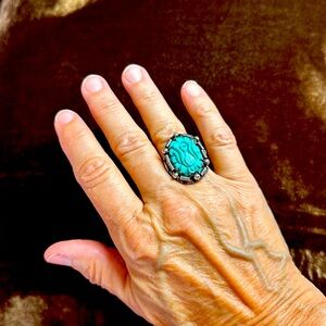 Vintage Chinese Hand Carved Turquoise Sterling expandable ring size 6